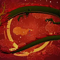 Flying Dragon Creature With Green Red Scales On Red Background With Clouds And Stars