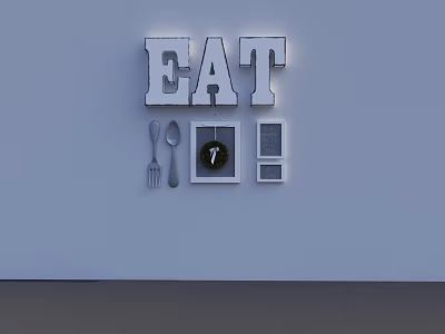 Decorative Kitchen Photo Wall With EAT Letters Spoon Fork Green Wreath And Small Frames 3d model
