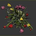 Gray Carved Vase Sculpture with Red Yellow Pink Tulips in Gray Background
