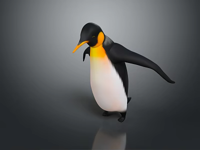 Realistic Penguin with Yellow Neck White Belly Orange Beak Outstretched Wings Standing on Reflective Surface 3d model