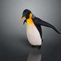 Realistic Penguin with Yellow Neck White Belly Orange Beak Outstretched Wings Standing on Reflective Surface