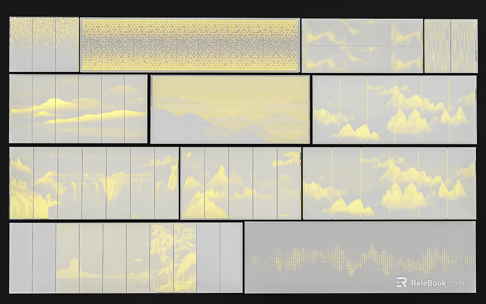 Modern Artistic Feature Wall With Mountain Pattern Textured Panels And Gray Yellow Tones 3d model