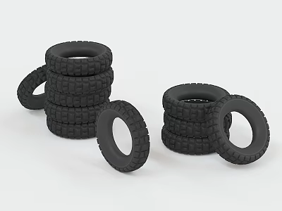 Black Rubber Tires Stacked And Single With Deep Tread Patterns Displayed 3d model