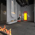 Hotpot Restaurant Modern Interior With Open Space Gray Walls Red Sculpture And Fireplace