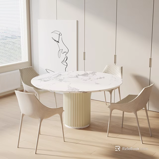 Modern Marble Round Dining Table Set With White Chairs And Hanging Lights 3d model