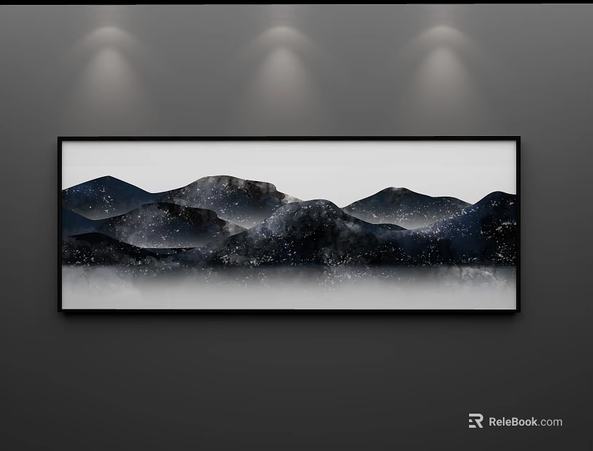 Landscape Painting With Layered Mountains In Dark Tones Hanging On Wall Lit By Spotlights 3d model 