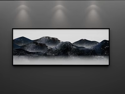 Landscape Painting With Layered Mountains In Dark Tones Hanging On Wall Lit By Spotlights 3d model