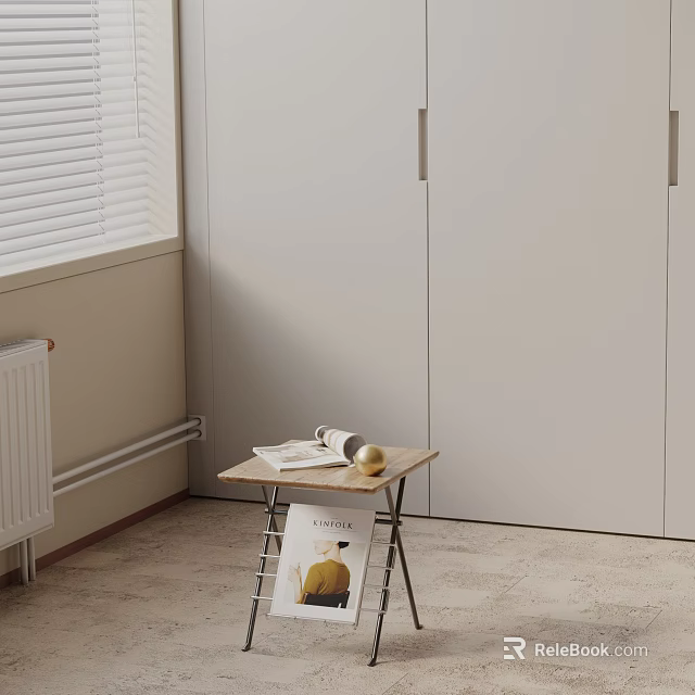 Minimalist Room Corner With Light Colored Cabinets Side Table Featuring Cup Golden Sphere And Magazine 3d model 