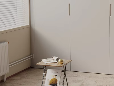 Minimalist Room Corner With Light Colored Cabinets Side Table Featuring Cup Golden Sphere And Magazine 3d model