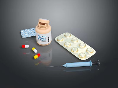 Various Medical Supplies Including Pill Bottle Blister Pack Capsules And Syringe 3d model