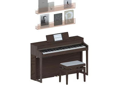 Elegant Brown Piano Setup With Stool And Wall Mounted Shelves 3d model