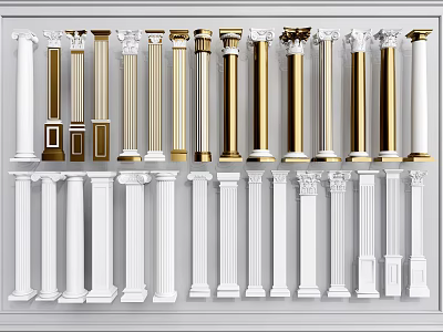 Roman Columns In White Gold With Various Classical Modern Decorative Styles 3d model