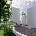 Garden Landscape With Circular Structure Bamboo Leaf Patterns Stone Pavement And Pink Cloud Sky