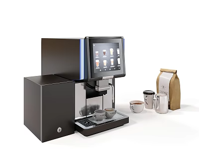Modern Coffee Machine Kitchen Appliance With Digital Display Coffee Cups And Bag 3d model