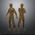 Golden Men Statues Standing Holding Sticks on Black Reflective Surface