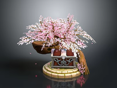 Pink Cherry Blossom Tree With Curved Trunk And Decorative Stone Base 3d model