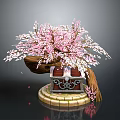Pink Cherry Blossom Tree With Curved Trunk And Decorative Stone Base