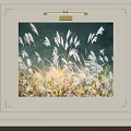 White Reeds Oil Painting With Green Background Hanging On White Decorative Wall With Light Fixture