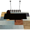 Dark Wooden Conference Table With Leather Chairs And Hanging Pendant Lights In Modern Office