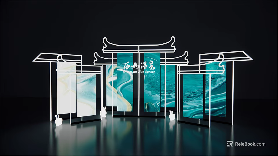 Xixi Yuelongzhuang Exhibition Display With Neon Lit Traditional Architectural Outline And Blue Green Landscape Background 3d model 