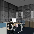 Public Office Space Interior With Large Windows Blue Carpet Wooden Table And Colorful Chairs