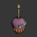 Cute Animated Purple Cupcake Game Movie Character With Big Eyes And Striped Candle