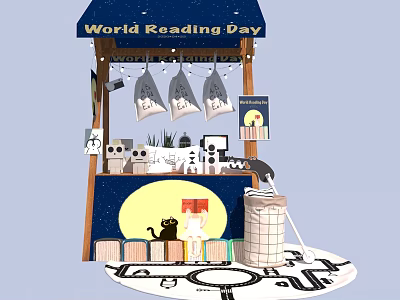 World Reading Day Themed Stall With Hanging Bags And Moon Decorations 3d model