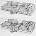 Gray Three Seater Sofa With Woven Armrests Pillows Beige Blanket And Black Side Table 3d model