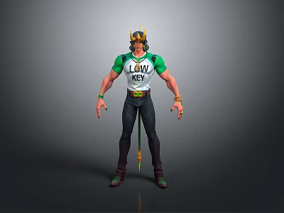 Muscular Character In Green And White T shirt With LOW MONEY Text And Yellow Headgear 3d model