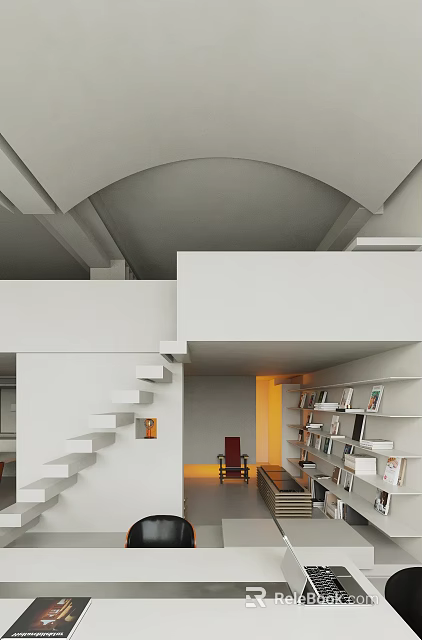 Open Public Office Space With White Structure Staircase Bookshelves Red Chair And Arched Ceiling 3d model 