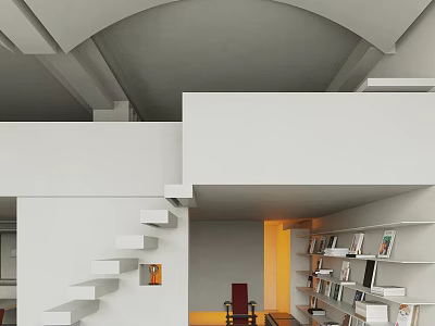 Open Public Office Space With White Structure Staircase Bookshelves Red Chair And Arched Ceiling 3d model