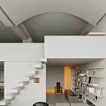 Open Public Office Space With White Structure Staircase Bookshelves Red Chair And Arched Ceiling