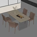 Modern Light Colored Rectangular Dining Table Set With Brown Leather Chairs And Vase Chessboard 3d model