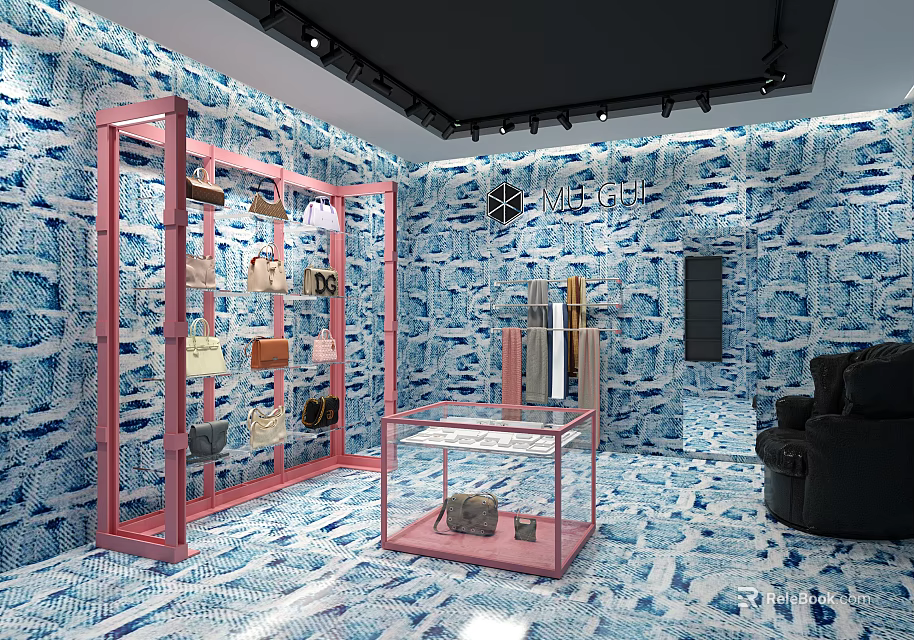 Fashion Boutique Interior With Blue Patterned Walls Pink Display Racks Bags And Glass Cases 3d model 