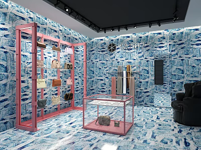Fashion Boutique Interior With Blue Patterned Walls Pink Display Racks Bags And Glass Cases 3d model