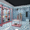Fashion Boutique Interior With Blue Patterned Walls Pink Display Racks Bags And Glass Cases