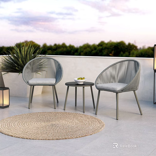 Gray Woven Outdoor Chairs With Cushions Small Round Table And Woven Rug 3d model 