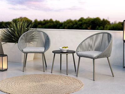 Gray Woven Outdoor Chairs With Cushions Small Round Table And Woven Rug 3d model