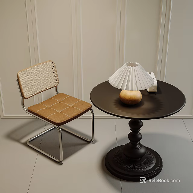 Stylish Wicker Back Brown Cushion Chair And Black Round Table With Decorative Base White Lamp 3d model 