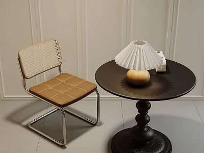 Stylish Wicker Back Brown Cushion Chair And Black Round Table With Decorative Base White Lamp 3d model