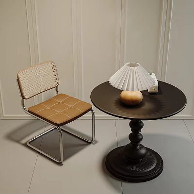 Stylish Wicker Back Brown Cushion Chair And Black Round Table With Decorative Base White Lamp 3d model