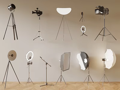 Different Photography Studio Lighting Equipment With Tripods Ring Lights Softboxes And Studio Lights 3d model