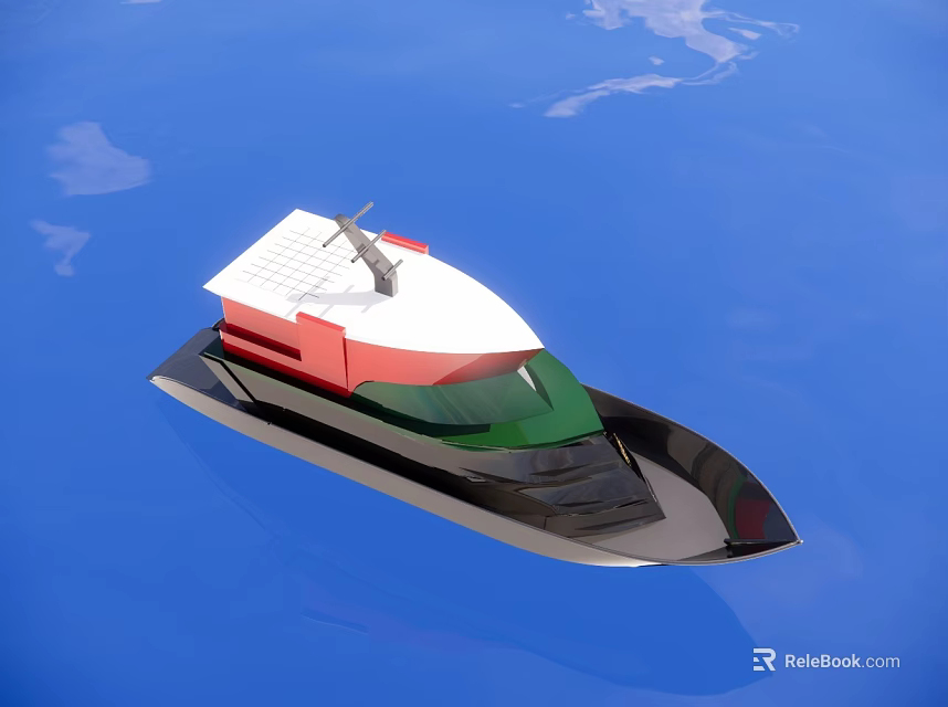Stylish Modern Yacht With White Red Green Exterior Sailing On Blue Ocean Water 3d model 