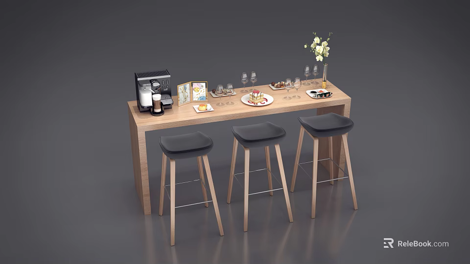 Stylish Home Bar Counter With Wooden Top Bar Stools Wine Glasses And Coffee Machine 3d model 