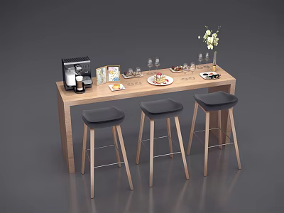Stylish Home Bar Counter With Wooden Top Bar Stools Wine Glasses And Coffee Machine 3d model