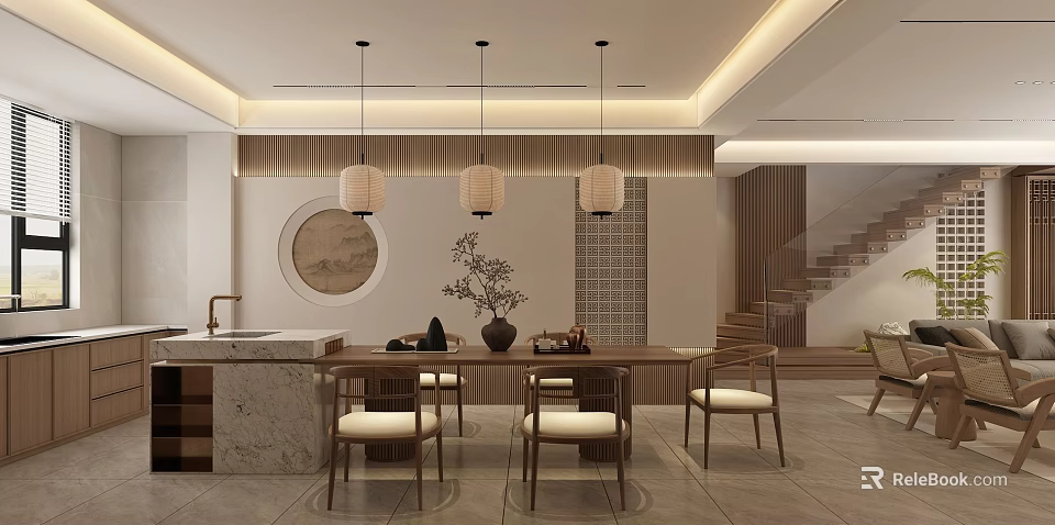 Modern Duplex Living Room Interior With Pendant Lights Wooden Dining Table Round Painting And Staircase 3d model 