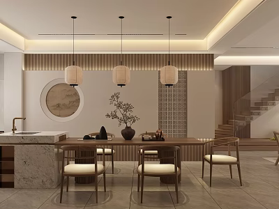 Modern Duplex Living Room Interior With Pendant Lights Wooden Dining Table Round Painting And Staircase 3d model