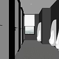 Public Restroom Interior With Dark Walls Long Corridor Urinals Textured Flooring And Window Frosted Blinds