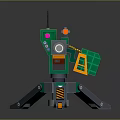 Green Mechanical Automatic Turret Weapon With Tripod Barrel Warning Stripes And Red Indicator Light 3d model