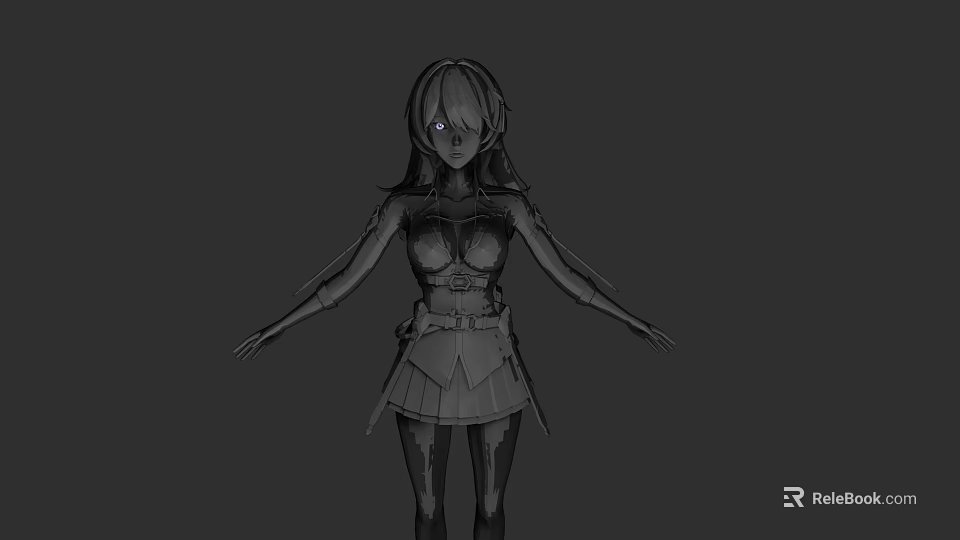 Woman In Black And White Sketch With Armor Outfit Long Hair Standing And Arms Outstretched 3d model 